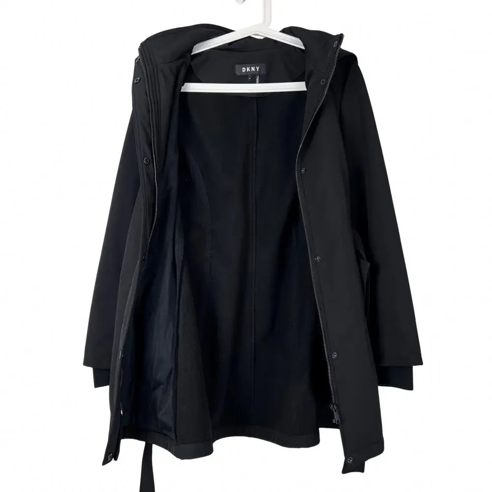 DKNY Black Hooded Belted Coat Women’s Medium Softshell Trench Jacket - Picture 8 of 8